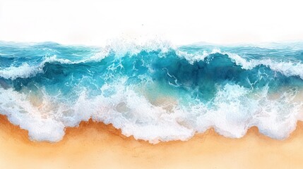Fototapeta premium Vibrant watercolor tropical beach with turquoise waves, white background