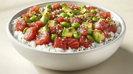 A vibrant poke bowl with fresh tuna, avocado, edamame, and sesame seeds over sushi rice.