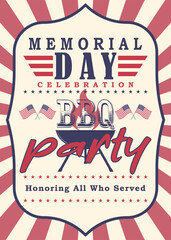 Memorial Day barbecue party flyer, greeting card, invitation template. Memorial Day BBQ party background. Vector illustration.