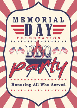 Memorial Day barbecue party flyer, greeting card, invitation template. Memorial Day BBQ party background. Vector illustration.