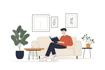 Man Relaxing on Beige Sofa Reading Book, Minimalist Home Interior Illustration