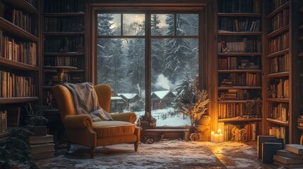 Warm and cozy vintage chair in a candlelit study, wooden bookshelves, massive window showing a snowy village outside