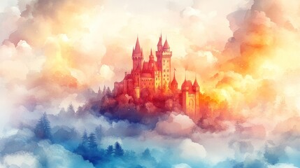 Whimsical watercolor castle floating among the clouds, white background