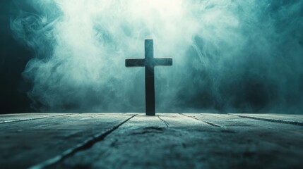 Ethereal Cross Silhouetted Against Misty Background Evoking Spirituality, Hope, and Reflection in a Serene Atmosphere of Faith and Meditation