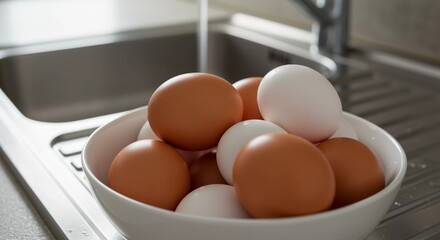 Bowl of Brown and White Eggs Near Silver Sink With Running Water