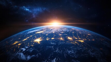 Obraz premium A breathtaking close-up of Earth’s textured surface bathed in sunlight. Swirling clouds and vibrant landmasses are framed by an expansive, starlit cosmos