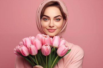 Fototapeta premium Studio portrait of beautiful woman on colour background holding tulips flowers