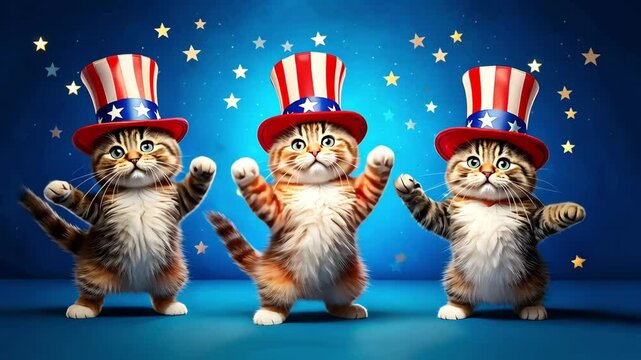 Happy Dancing American Kitten Dancing WEARING Uncle Sam Hats on a Blue Background for 4th of July Loop