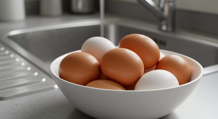 Eggs in white bowl on the kitchen counter near the sink and faucet