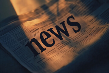 close up of word news prominently displayed in bold black letters, conveying sense of urgency and importance. background features newspaper layout, enhancing theme of information dissemination