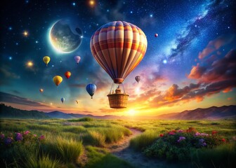 Fototapeta premium Whimsical Hot Air Balloon Adventure: Low Light Night Sky Fantasy