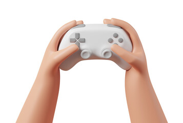 Cartoon character hands holding white controller isolated over transparent background.