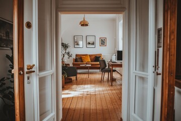 Sunlit hallway view of a stylish home office with mid-century modern furniture.