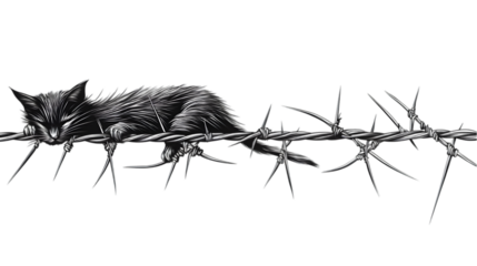Cat Sleeping on Barbed Wire, Isolated on White Background