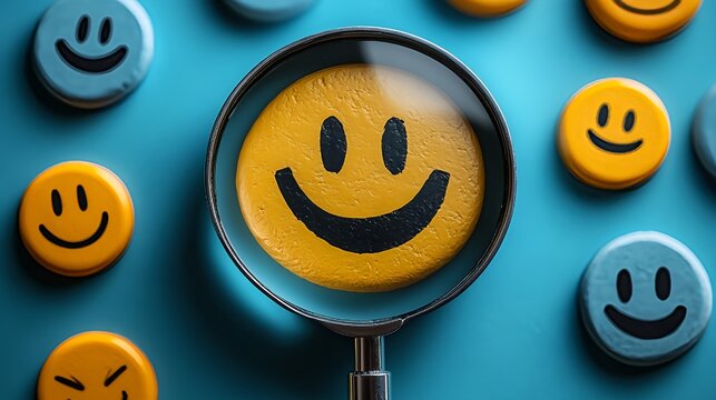 Customer review satisfaction feedback survey concept to gather insights and improve its services. A magnifying glass focuses on smile face among different feedback emoticons on blue background