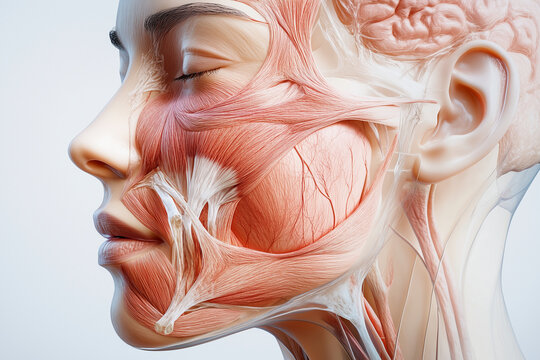 Realistic 3D illustration of woman face showing detailed muscle structure, highlighting facial anatomy and expression. This artwork emphasizes complexity of human features
