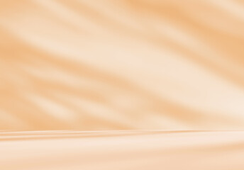 Empty orange brown cream beige room studio with shadow of leaves for product presentation. Autumn background. Summer tropical backdrop. Cosmetic showroom.