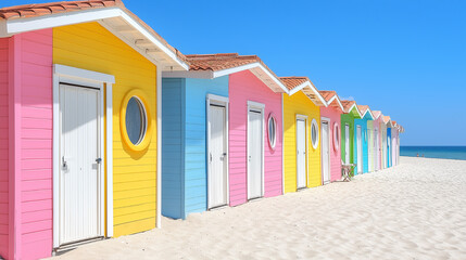 Colorful beach huts line the sandy shore under a clear blue sky in a vibrant coastal location during daylight