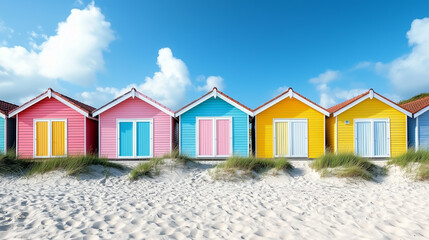 Colorful beach huts lined up along sandy shore with a clear blue sky and fluffy clouds in the background, creating a vibrant coastal atmosphere