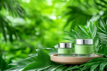 Two glass jars on a platform in the tropics. Generative AI