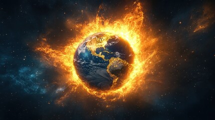 Fototapeta premium Glowing with vibrant orange and yellow flames, Earth majestically orbits in space, its diverse surface encased within an ethereal glow, inviting exploration and wonder