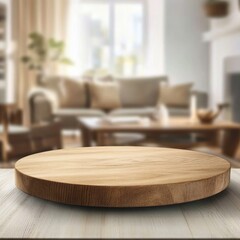 Empty wooden table in a modern living room setting.