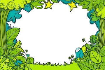 Vibrant, colorful jungle frame with trees, plants, grass, stars; lush background, empty space