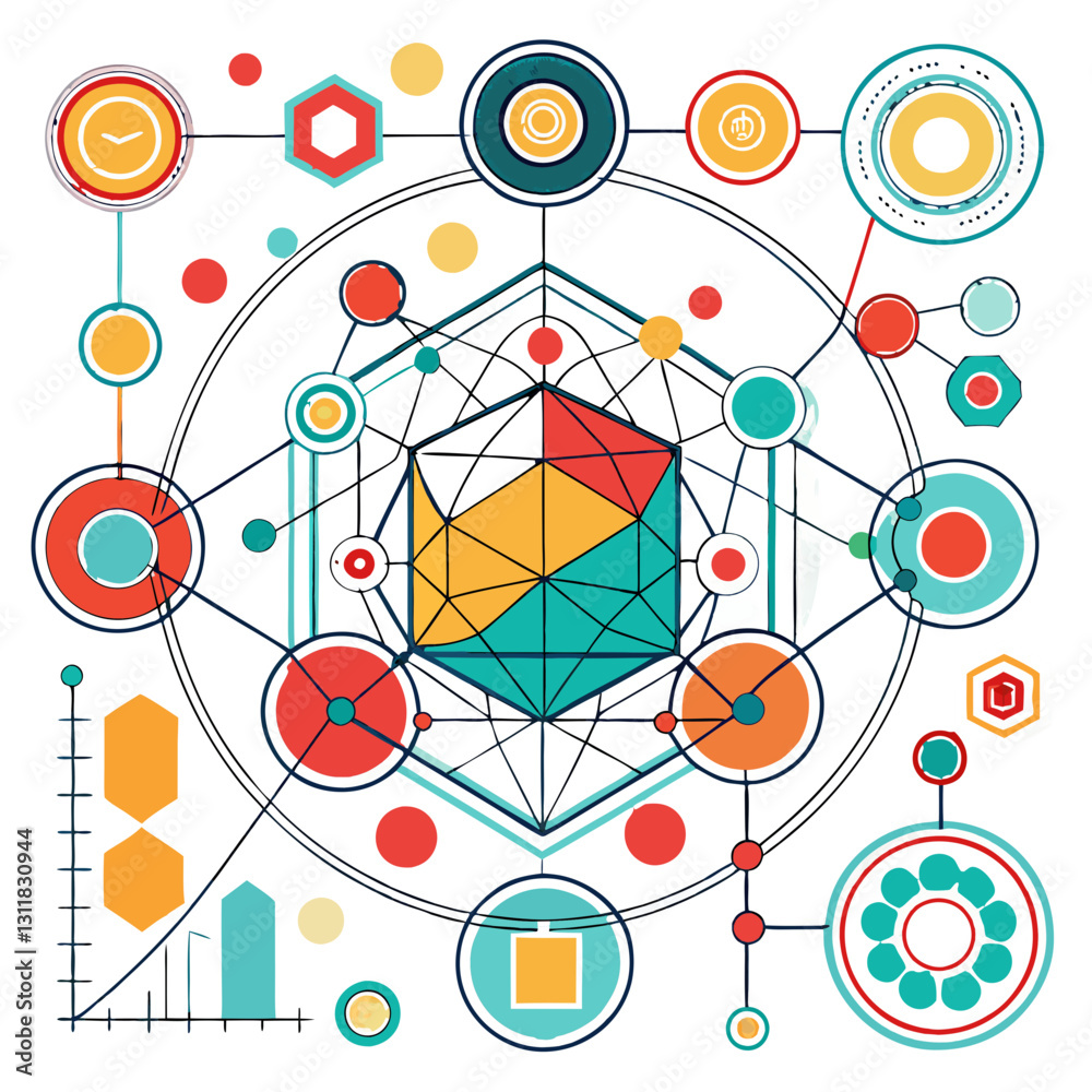 Poster vibrant shapes and colors illustrate intricate graphs and patterns, showcasing a blend of mathematic