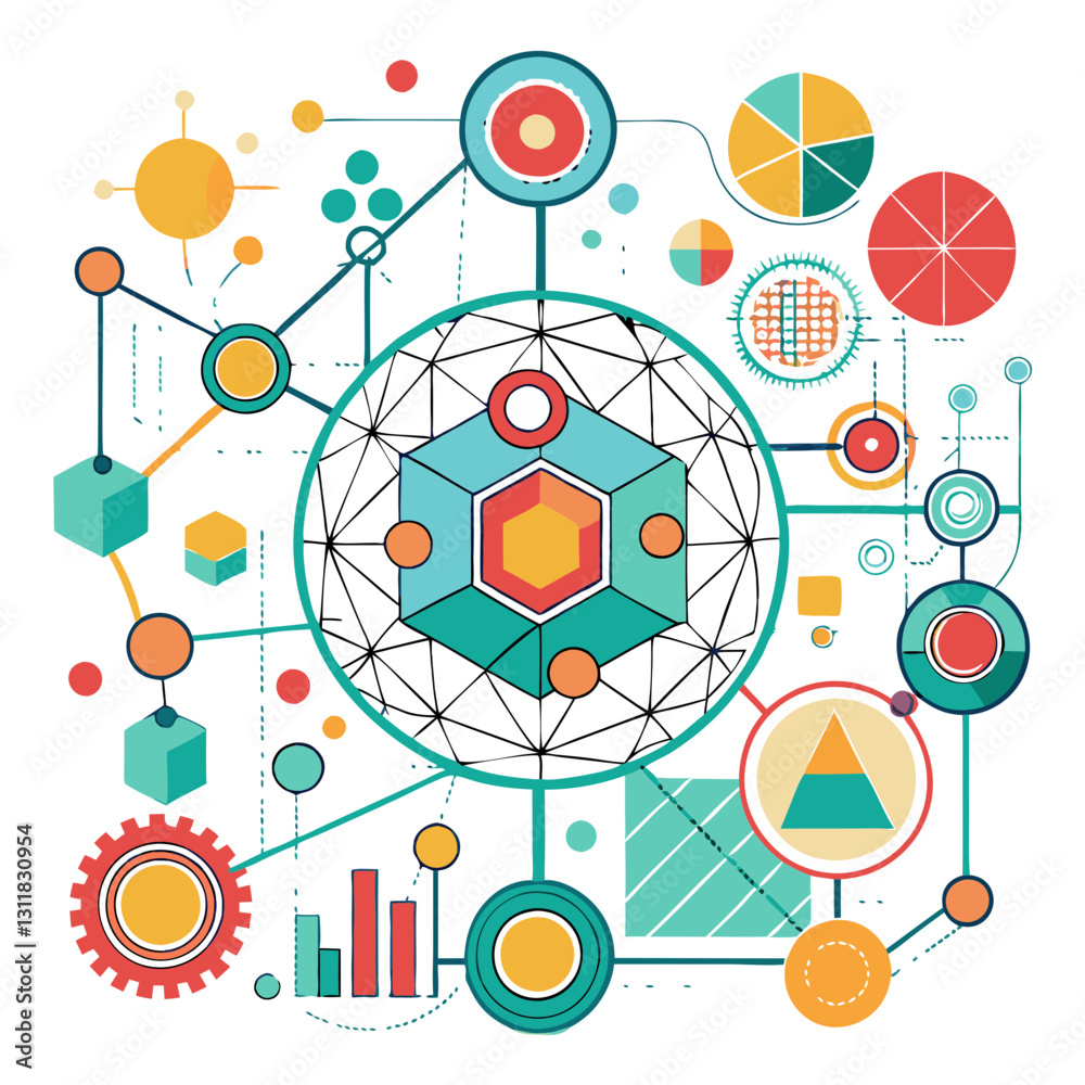 Poster visually striking patterns and graphs exhibit dynamic relationships among data points, emphasizing c