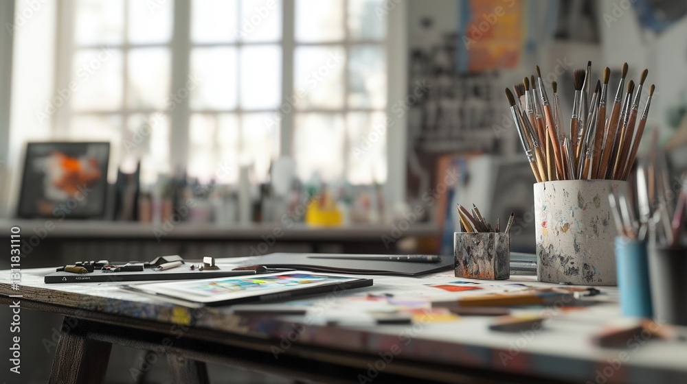 Poster creative workspace filled with scattered tools and digital devices, highlighting the artistic proces
