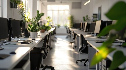 Empty office workspace, bright sunlight, plants, modern interior, suitable for presentations