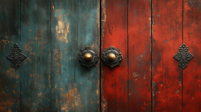 Decorative wooden double doors display a unique blend of teal and red colors showcasing intricate knobs and vintage styles in a rustic setting