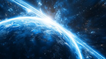 Fototapeta premium Stunning close-up of Earth with a luminous blue atmosphere and space backdrop, showcasing intricate details of clouds and stars. Perfect for tech and science projects.. AI Generation