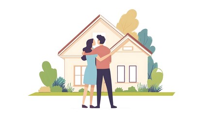 Happy Couple Embracing in Front of Their New Dream Home Illustration