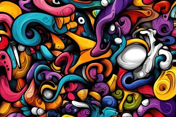 Whimsical abstract creatures intertwine vividly against dark background, creating a surreal and colorful composition
