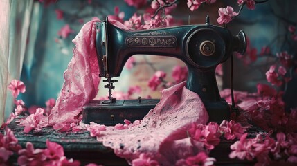 An antique sewing machine adorned with delicate pink lace fabric, surrounded by vibrant cherry blossom petals, evoking nostalgia and creativity in a romantic setting.. AI Generation