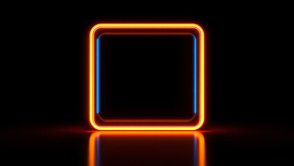 Abstract 3D rendering of glowing neon square frame with reflective blur effect on black backdrop, vibrant light tunnel corridor for digital design elements, banner template featuring Adobe Stock logo 