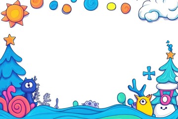 Fototapeta premium Whimsical scene cartoon characters, trees, sun, & clouds against a white backdrop