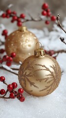 Two gold Christmas ornaments with red berries and snow.