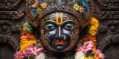 Obraz premium Captivating close-up of a Hindu deity's visage, intricately adorned with black and gold patterns. A vibrant red and yellow sash accents the crown, highlighting an exquisite facial design that exudes d