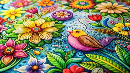 Whimsical Spring Doodle Art Macro Photography on Floral Texture
