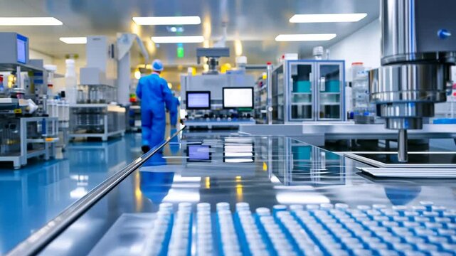 Cutting-edge pharmaceutical plant featuring advanced robotics and stringent cleanroom protocols.