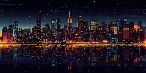 Fototapeta premium A vibrant city skyline glows under a starry night, with colorful lights casting dynamic contrasts against deep blues and purples, as buildings stand majestic in silhouette