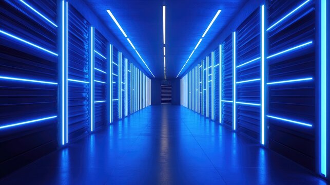 Illuminated Technological Corridor, A Neon Blue Architectural Marvel