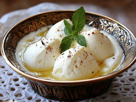 Delicious lebanese kishk balls floating in olive oil and topped with mint
