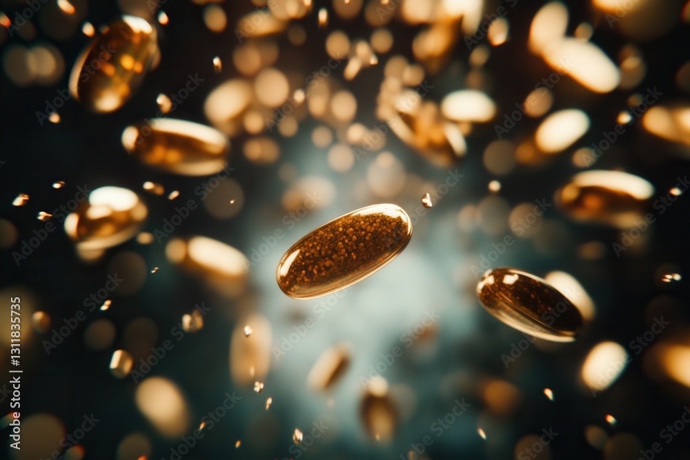 Poster floating pills in a zero gravity environment with cinematic lighting and soft shadows showcasing abs