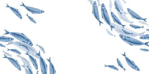 Sardine fish in a semicircular template swimming in a shoal stylized watercolor illustration on a transparent background for fish restaurants, websites, posters, fish markets and stores