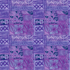 Hawaiian style botanical symbol and traditional fabric patchwork wallpaper abstract vintage  seamless pattern