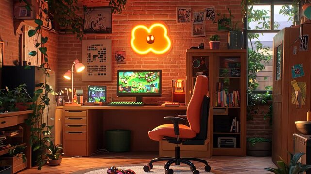 Cozy gaming setup in a stylish room with warm lighting and vibrant decor