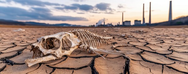 Obraz premium Climate change drought concept. A stark landscape depicting a skeletal remains on cracked earth under a polluted sky.